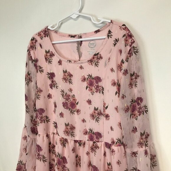 Wonder Nation Girls L (10-12) Pink Dress Floral Print Bell Sleeve Cuffs NWT - Picture 4 of 11